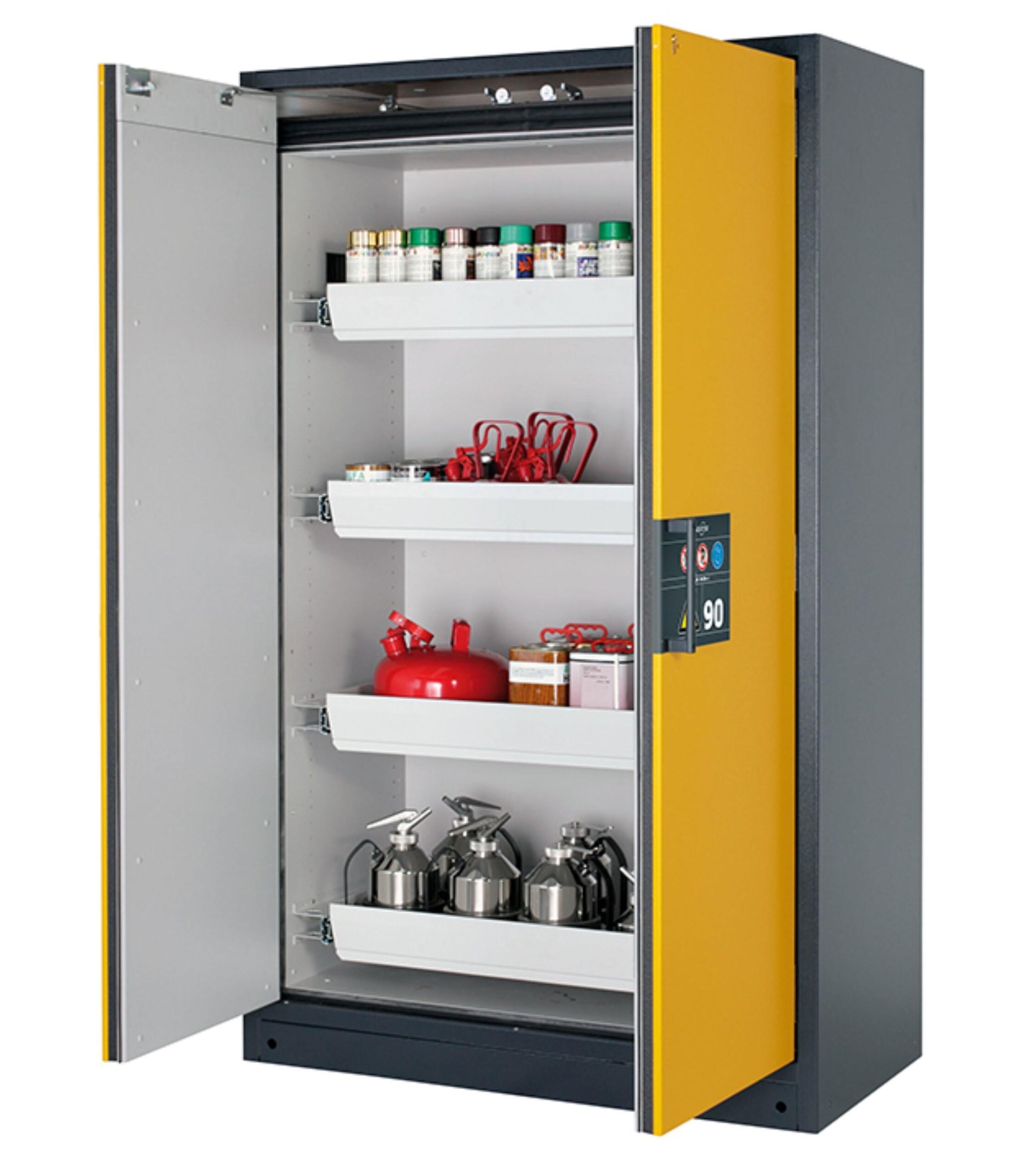 Asecos fire safety cabinet, yellow wing doors open