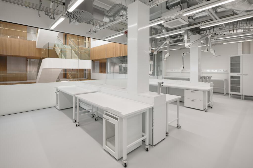 A bright laboratory space featuring workbenches suitable for  laboratory work.
